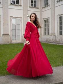 Vestido de manga de linterna con cuello en V y color sólido para la fiesta previa a la boda