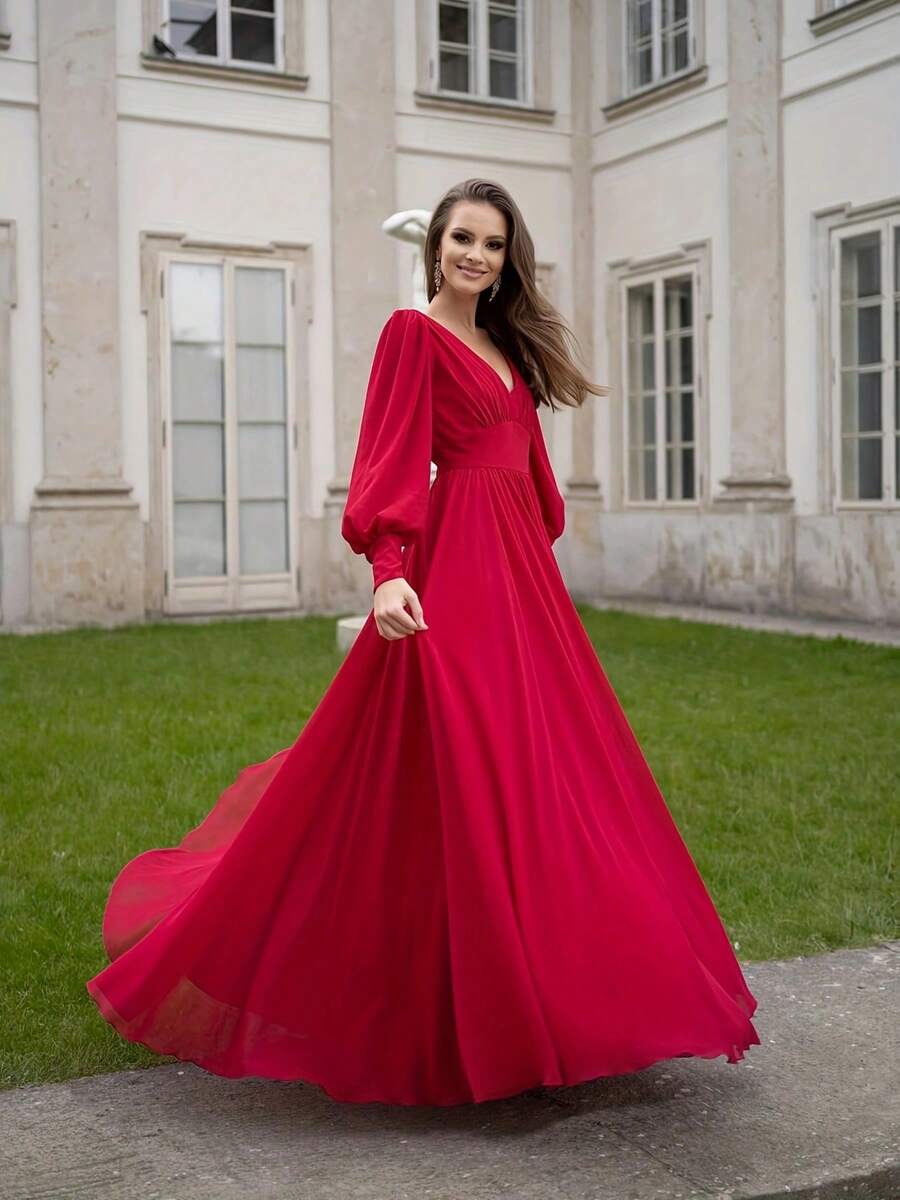 Vestido de manga de linterna con cuello en V y color sólido para la fiesta previa a la boda