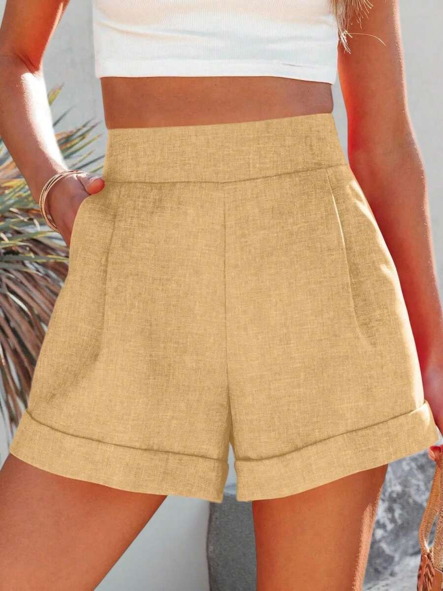 Women High Waisted Wide Leg Bermuda Shorts Summer Casual Lightweight Workwear With Pockets - Yellow - View 1