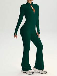 FWH 两件套街头风修身套装，包括带拇指孔的拉链外套和高腰喇叭裤（腰部可调节），塑形提神，提升女性自信的运动服套装。 - 墨綠色 - 查看 7