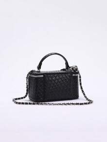 1 pièce Sac carré de mode en PU matelassé avec couture en diamant, motif jacquard gaufré de couleur unie. Sac à fermeture éclair polyvalent et élégant. Sac à main pour femme avec bandoulière en chaîne, matériel en cuivre réglable - Noir - Voir 8