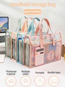 1 حقيبة يد مزدوجة الطبقة بحجم A4، ملف مجلد شفاف متعدد الوظائف سميك، حقيبة واجبات منزلية للطلاب مقاومة للماء من البي في سي، منظم مكتبي سعة كبيرة بتصميم بسيط، مستلزمات قرطاسية بفواصل موضوعية، مناسبة للتنقل اليومي - متعدد الألوان - مشاهدة 2