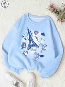 Tween Girls Niche 埃菲尔铁塔印花圆领宽松卫衣秋冬长袖打底衫杏色上衣 - 藍色 - 查看 1