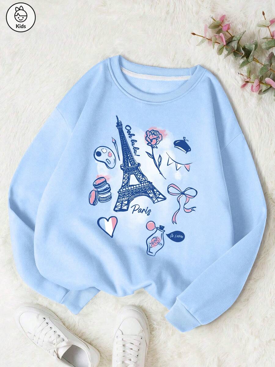 Tween Girls Niche 埃菲尔铁塔印花圆领宽松卫衣秋冬长袖打底衫杏色上衣 - 藍色 - 查看 1