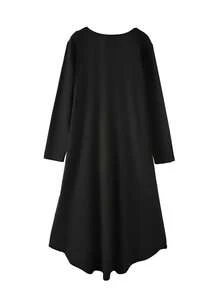 女士纯色圆领长袖休闲百搭连衣裙 黑色 春季 - 黑色 - 查看 2