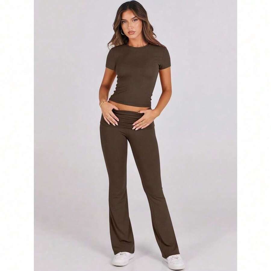 Lounge Sets For Women 2 Piece Foldover Yoga Flare Leggings Pants Crop Tops Casual Y2K Outfits Matching Tracksuit Set/Vacation Outfits Women - 深咖啡 - 查看 1