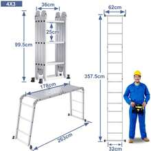 Multi-Purpose Aluminium Ladder 4x3 With Platform, 6-In-1 Folding Ladder, 340cm, Up To 150kg, Silver - Silver - View 3