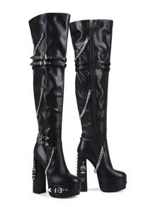 Women's Thick Sole Chunky Heel Lace-Up Rivet Decor Over-The-Knee Boots, Suitable For Daily Shopping And Winter Gatherings