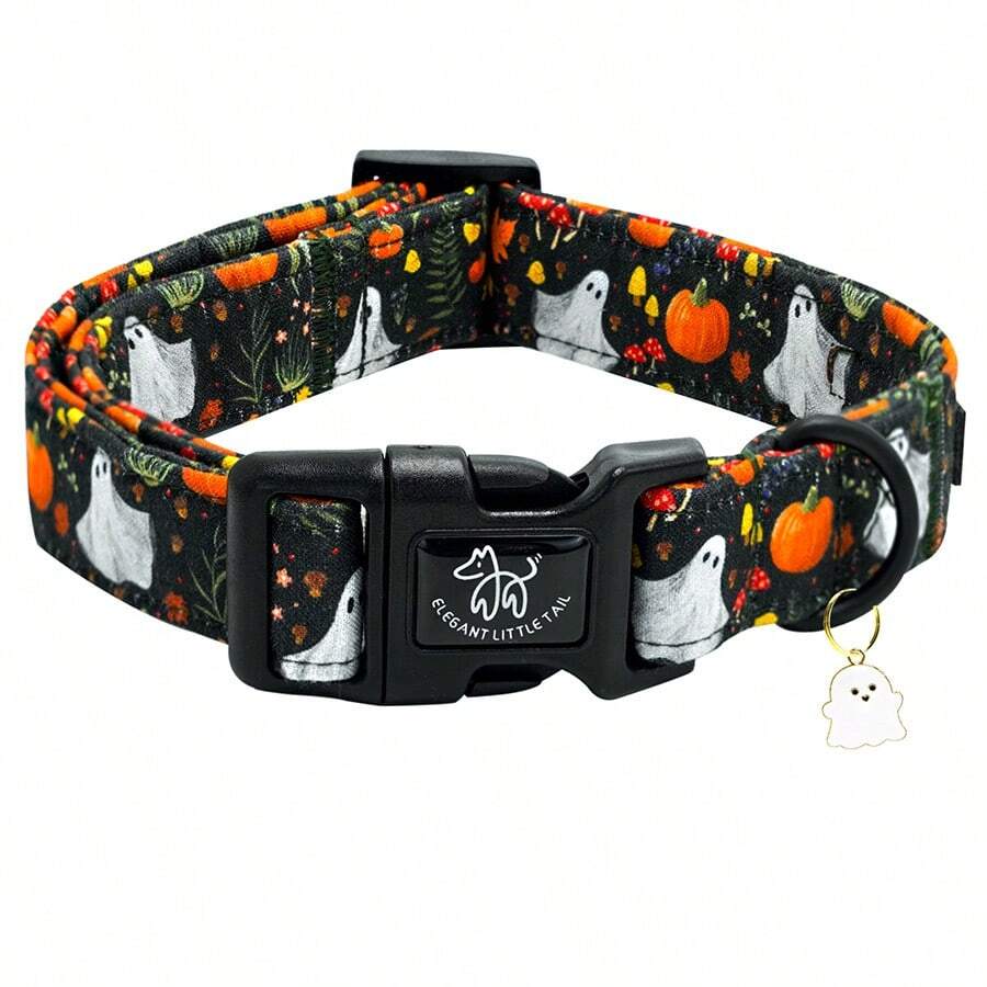 Elegant Little Tail Halloween Dog Collar Pumpkin With Ghost Print Black Halloween Pet Collars Soft Puppy Collars Holiday Adjustable Collar