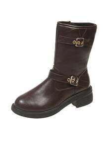 Botas Estilosas Femininas, Botas de Cavaleiro Estilo Britânico, Botas Curtas Versáteis de Ajuste Slim com Zíper Lateral Vintage, Botas para Primavera/Outono, Botas de Cano Médio Femininas de Couro com Salto Grosso
