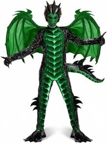 Halloween Kid Dragon Costume, Boys Dragon Wings, Tail And Mask Set For Halloween Dress Up - Green - View 1