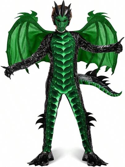 Halloween Kid Dragon Costume, Boys Dragon Wings, Tail And Mask Set For Halloween Dress Up