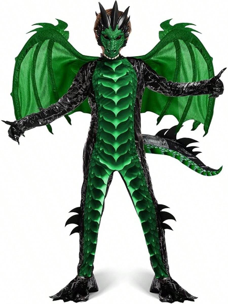 Halloween Kid Dragon Costume, Boys Dragon Wings, Tail And Mask Set For Halloween Dress Up - Green - View 1