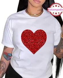 CHOPIS Camiseta Dama cuello redondo manga corta playera mujer blusa gráfico corazon rojo strass brillo moda chopis suave casual diseño de CORAZON BRILLOSO ROJO - Blanco - Ver 1
