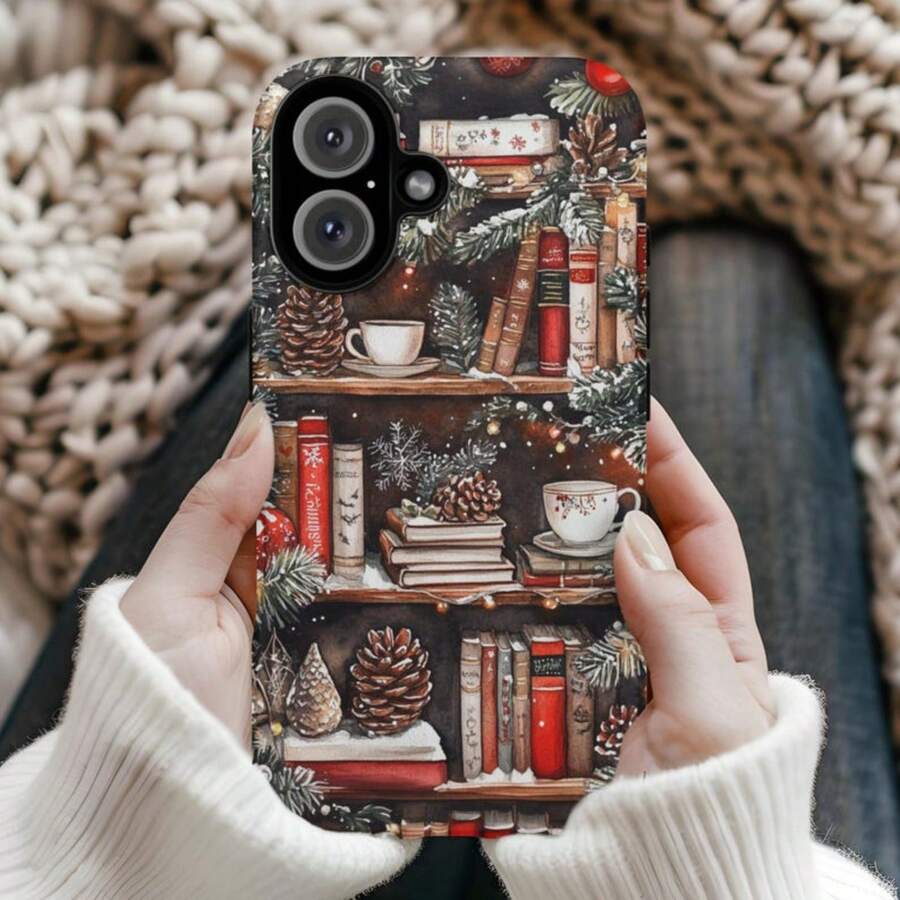 Christmas Book Lover Phone Case - Cozy Winter Bookshelf Phone Case - Protective Case For IPhone 16 15 14 13 12 11 - White - View 1