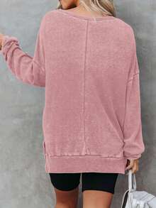 Yesfashion Womens Oversized Sweatshirts Crewneck Waffle Knit Pullover Blouses Long Sleeve Side Slit Sweatshirt Tops - 粉紅色 - 查看 5