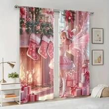 2 piezas Cortinas navideñas con estampado de duendes y calcetines rosas - Diseño de cuento de hadas divertido con calcetines, regalos y decoración navideña - Lavable a máquina, para sala de estar, cocina, comedor, decoración navideña (Barra no incluida), Cortinas navideñas, Decoraciones navideñas, Decoración navideña, Decoraciones navideñas para el hogar