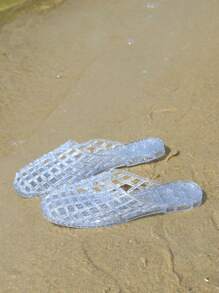 2025 Spring/Summer New Hollow Out Slip-On Sandals For Women, Outdoor Beach Slippers, Non-Slip Soft Bottom Flat Comfortable Crystal Jelly Shoes