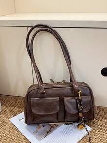 Large Capacity PU Tote Bag, Minimalist & Fashionable Women's Multi-Pocket Shoulder Bag, Solid Color Personalized Big Capacity Handbag - Coffee Brown - View 5