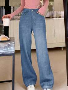 街头风直筒斜插口袋加厚牛仔保暖低腰牛仔裤，秋冬保暖裤，Y2K音乐节必备 - 深藍色 - 查看 4