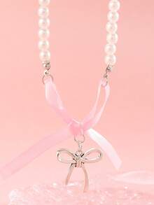 1件法式粉色心形蝴蝶结珍珠项链，独特设计，甜美纯洁的颈链 - 銀色 - 查看 4