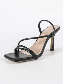 Women's High Heel Sandals, Sexy Kitten Heel High Heels With Square Toe, Strap Decor, Spring/Summer New Daily Versatile Women's Slide Sandals, Fine High Heels, Wedding Shoes, Bridal Heels, Party Elegant Holiday Wine Glass Heel Solid Color New Summer High Heel Sandals, Outdoor Pure Black Formal Wear Sandals, High-End Women's Heels, Elastic Back Strap Women High Heel Sandals