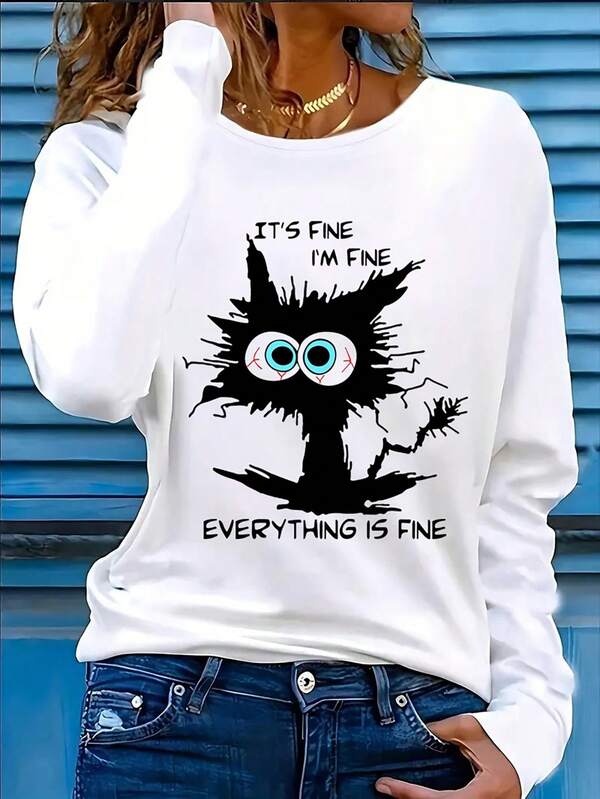 Camiseta de manga larga con cuello redondo y estampado de gato negro para mujer de talla grande, ropa de Halloween, ropa de mujer para otoño