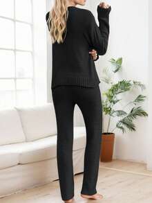 tooluck Women's Casual Pajama Set Fuzzy Fleece Knitted Long Sleeve Pj Loungewear Black - 黑色 - 查看 2