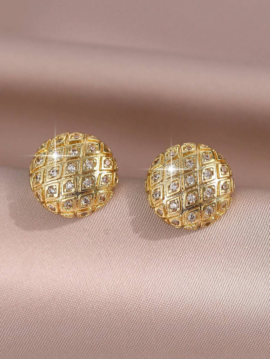 jealous young 1pair Fantasy Circular Geometric Micro-Inlaid Cubic Zirconia Stud Earrings, Fashionable Hip Hop Gold Color Earrings Unisex, Suitable For Everyday Wear - Yellow Gold - View 1