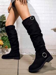 Women's Pointed Toe Chunky Heel Over The Knee Boots, Ladies Leather High Boots With Side Zipper For Autumn And Winter, Sexy Classic Knee High Boots In Black - 黑色 - 查看 4