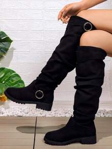 New Women's Suede Knee-High Boots For Autumn And Winter, Featuring A Ring Buckle And Ruched Design, With Chunky Heels, Suitable For Daily Outings And Party Outfits. - 黑色 - 查看 3