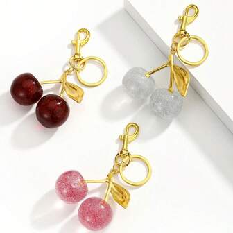 1PC Glitter Crystal Cherry Keychain Charms - Sparkling Resin Pendant With Alloy Hook Shimmery Purse Charms & Backpack Accessories For Women Romantic Valentine's Gift For Her, Couples & Best Friends Car Accessories For Woman