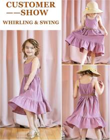 Girl's Summer Sundress Spaghetti Strap Solid Linen Midi Dress Casual Cami Dresses