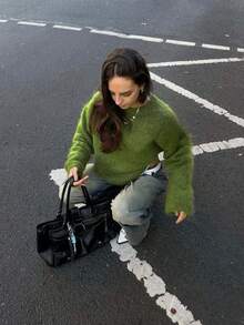 Vivid Style 女士柔软抓绒圆领套头衫，宽松柔软羊毛质感针织毛衣，街头风，圣诞节，圣诞毛衣，新年 - 綠色 - 查看 7