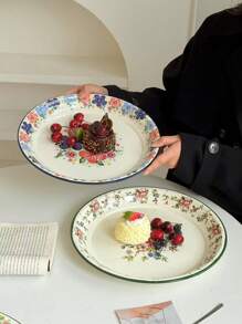 1pc Enamel Flower Pattern Plate, High-Quality Ins Style Breakfast/Dessert/Fruit Plate, Floral Design Enamel Dish For Home Use