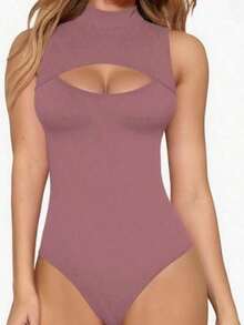 Women's Bodysuit With High Neck And Cutouts, Ideal For Summer Use - 玫瑰紅 - 查看 1