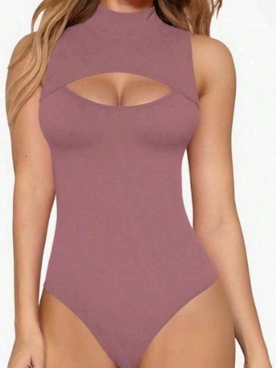 Women's Bodysuit With High Neck And Cutouts, Ideal For Summer Use - 玫瑰紅 - 查看 1