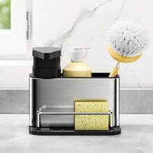 1pc Kitchen Sink Soap Dispenser, 3-In-1 Kitchen Sink Sponge Holder, Stainless Steel Kitchen Sink Organizer Tray, Draining Rack, Tabletop, Stainless Steel Cutlery Cleaning Brush, Kitchen Dish Drying Rack, Storage Shelf - Silver - View 5