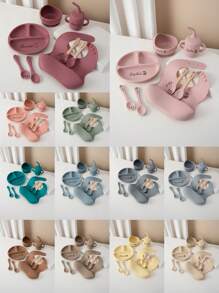 8PCS Print On Demand Custom Name Pattern Baby Silicone Tableware Set Personalized Customization Sucker Bowl Plate Leakproof Baby Cup Baby Bib Soft Spoons Forks,Halloween Edit,Back To School Fashion,Christmas Gift - Multicolor - View 2