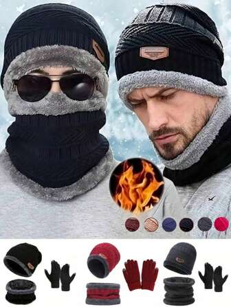 3pcs Winter Warm Set: Knit Hat, Warm Gloves - Ultimate Cold Weather Protection For Outdoor Adventure, Knitted Wool Blend Hat, Winter Christmas New Year Warm Gift, Unisex (Hat Scarf Lining Color Sent Randomly)