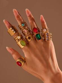 Bộ 1/2/4/6/8/10 chiếc nhẫn đá quý nhiều màu sắc bằng thép không gỉ mạ vàng, ngẫu nhiên. - nhiều màu - Xem 1