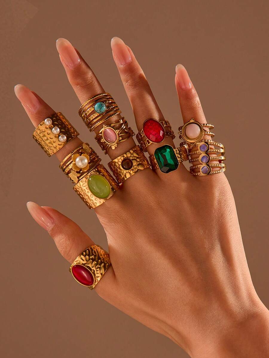 Bộ 1/2/4/6/8/10 chiếc nhẫn đá quý nhiều màu sắc bằng thép không gỉ mạ vàng, ngẫu nhiên. - nhiều màu - Xem 1