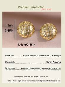 jealous young 1pair Fantasy Circular Geometric Micro-Inlaid Cubic Zirconia Stud Earrings, Fashionable Hip Hop Gold Color Earrings Unisex, Suitable For Everyday Wear - Yellow Gold - View 3
