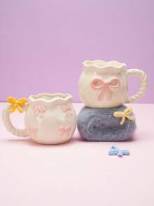 Joivida 1 件马克杯创意 3D 浮雕手绘蝴蝶结设计陶瓷咖啡杯带丝带，包装精美，新年、感恩节、圣诞节礼物，返校使用，宿舍必需品，特殊礼物，生日礼物 - 彩色 - 查看 3