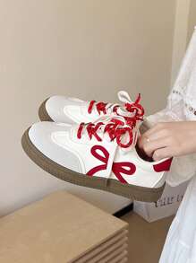 2025 Hot Selling Plus Size Women's Sneakers, 1 Pair PU Leather Sweet Bow Tie Flat Shoes, Red & White Contrast Color Versatile Breathable Casual Sneakers For Women, All Season. Please Refer To Size Chart As The Shoes Run Small. - Red - View 2