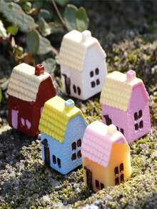 4 Pieces Of Mini Villa Small House Resin Statues - Very Suitable For DIY Fairy Garden, Bonsai Succulent Planting And Glass Container Flower Pot Decoration! - Multicolor - View 3
