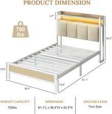LED Bed Frame With Storage Headboard, Upholstered Bed Frame With Charging Station, Metal Platform Bed Frame With Heavy Duty Metal Slats, No Box Spring Needed, Easy Assembly, Black/ White/ Beige - Xem 7