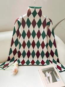 Spring And Autumn Fashion With Diamond Check Half Turtleneck Women's Turtleneck Base Shirt (Diamond Check Is Not Positioned),Long Sleeve Tops - Multicolor - View 6