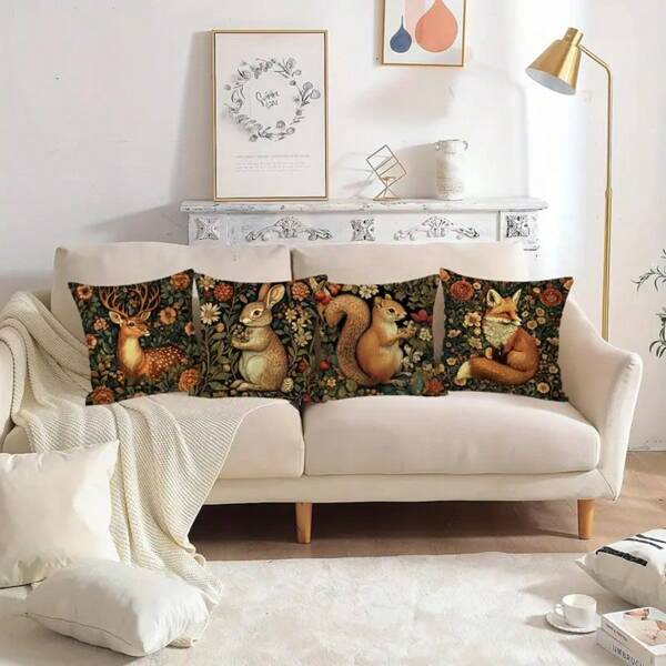 4 pezzi Set di federe per cuscini vintage con animali della foresta, porta la magia del bosco all'interno! Questo set da 4 pezzi presenta cervi, conigli, scoiattoli e volpi bellamente illustrati, circondati da lussureggianti fiori. Perfetto per aggiungere un tocco fiabesco e ispirato alla natura ai salotti, alle baite o all'arredamento rustico. Ideale per gli amanti degli animali e per che adorano i design a tema foresta incantata.