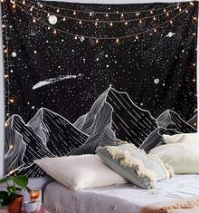 Local Shipping 2025 New   Black And White Tapestry Starry Night Mountain Tapestries For Bedroom Aesthetic Moon And Stars Tapastry's Wall Hanging Dark Nature Forest Wall Tapestry For Living Room Dorm (48'' * 36'') - 黑色 - 查看 11